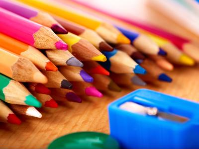 Colored pencils and sharpener. 